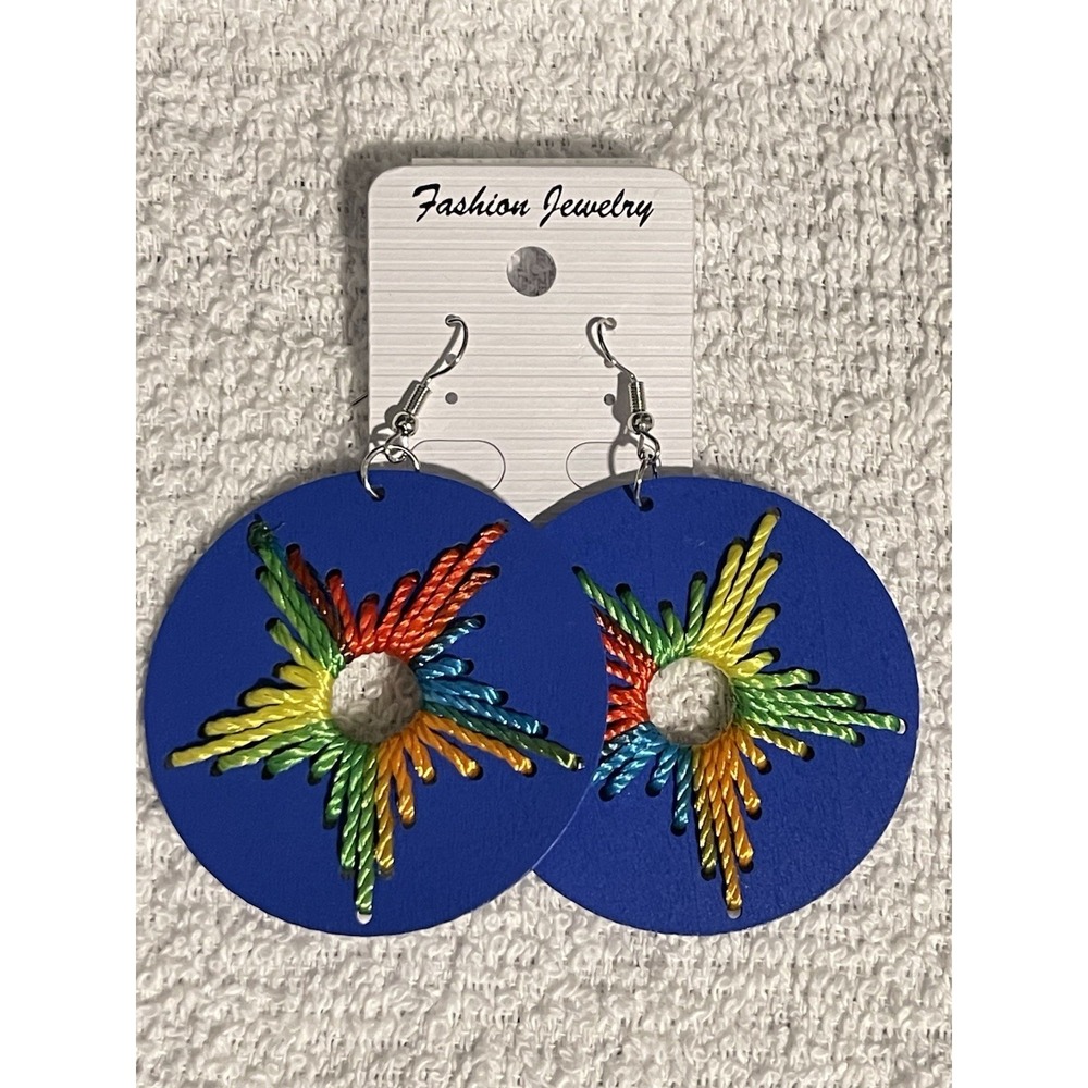Handcrafted Blue Spiral Thread Statement Earrings